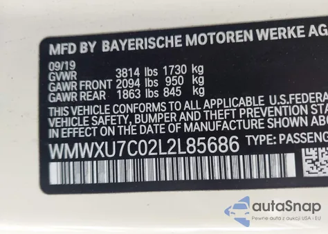 2020 Mini Hardtop Oxford Edition z USA, uszkodzony, nr VIN WMWXU7C02L2L85686